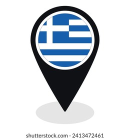 Bandera de Grecia en el mapa con un icono de punto de referencia aislado. Bandera de Grecia