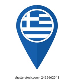 Bandera de Grecia en el mapa con un icono de punto de referencia aislado. Bandera de Grecia
