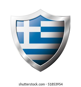 Greece flag on metal shiny shield vector illustration. Collection of flags on shield against white background. Abstract isolated object.