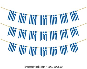 Greece flag on the ropes on white background. Set of Patriotic bunting flags. Bunting decoration of Greece flag