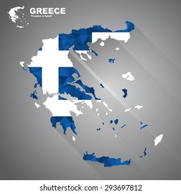 Greece flag overlay on Greece map with polygonal and long tail shadow style (EPS10 art vector)