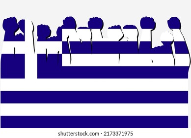 Greece flag with raised protest hands vector, country flag logo, Greece protesting concept, flat design, against idea