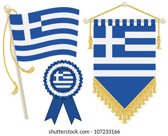 greece flag, rosette and pennant, isolated on white