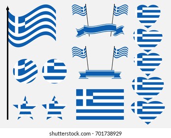 Greece flag set. Collection of symbols, flag in heart. Button and star. Vector illustration