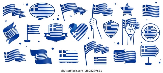 Greece Flag Set in Different Styles, Greek Pennants, Ribbons, Shields, Badges, Hearts, Hand Held Flags, Textured Vector Design Elements