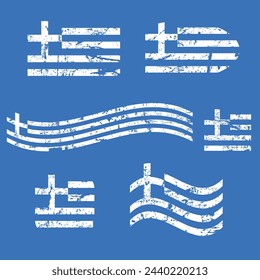 Greece flag set, grunge flags, white isolated on blue background, vector illustration.