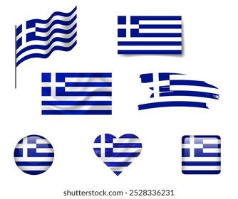 Greece flag set of icons. Vector flag of Greece, symbol. Set of greek flags button, brush, waved, heart.