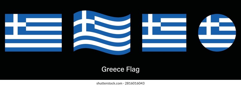 Greece Flag Set with Waving, Circle and Rectangle Shapes Vector Illustration
