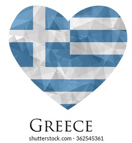 Greece flag shape heart in geometric rumpled triangular low poly origami style graphic illustration,mosaic polygonal style.Symbol of love to country.Retro or vintage style background.