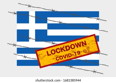 Greece flag with signboard lockdown warning security due to coronavirus crisis covid-19 diseas design with barb wired isolate vector