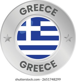 Greece flag in silver colored medal. National flag in metal circle emblem.