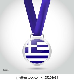 Greece Flag in Silver Medal. Vector Illustration. RIO Olympic Game silver Medal. Vector Illustration