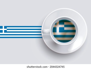Greece flag with a tasty coffee cup on top view and a gradient background. Hot beverage with Greece flag, vector illustration. 
