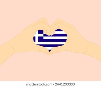 Greece flag with two hands heart shape, express love or affection concept, support or donate to Greece, hand heart love sign, vector design, patriotism and nationalism idea