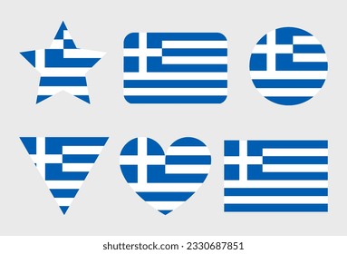 Greece flag vector icons set of illustrations in the shape of heart, star, circle and map
