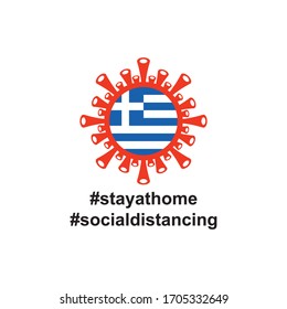 Greece Flag in virus cells. Vector illustration of virus , bacteria, fungi and infections isolated on white background. with hastag stay at home and social distancing