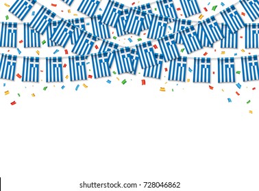 Greece flags garland white background with confetti, Hanging bunting for Greece Independence Day celebration template banner, Vector illustration