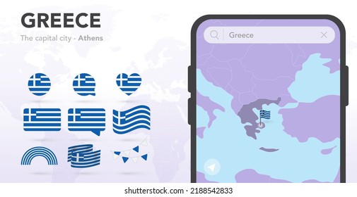 Greece flags set. Mobile map application, Smartphone search. Map and capital city. World ribbon flags. Vector set. Collection of national symbols. Bubble speech, circle, heart, rainbow icons. Athens