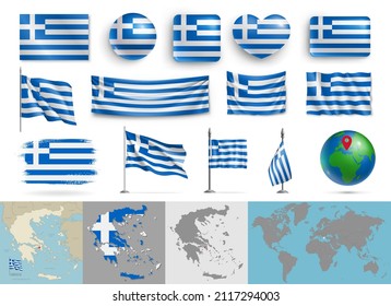 Greece flags of various shapes and country map set. Realistic Greek flags, glossy buttons in patriotic colors, geographic map and globe with identification pin vector illustration