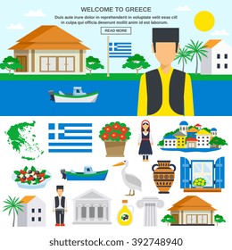 Greece Flat icon set with traditional costumes food buildings nature and abstract landscape vector illustration