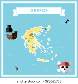 Greece flat treasure map. Colorful cartoon treasure map of Greece with flat icons of pirate ship, jolly roger, treasure chest and banner ribbon. Flat design vector illustration.