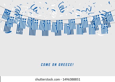 Greece garland flag with confetti on white background, Hang bunting for Greece celebration template banner.