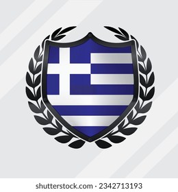Greece Glossy Black Shield Flag With Rounding Leaf Wreath 
