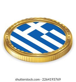 Greece (GR) National Flag Round Icon 2.5D Isometric Projection View Gold Coin Isolated on White Background