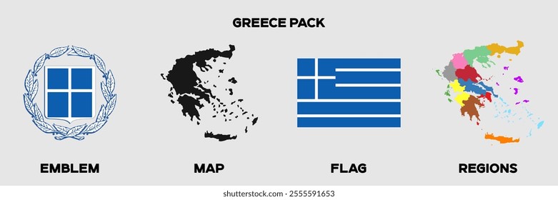 Greece Graphics Pack. Greece Flag. Greece Map. Greece Emblem. Editable EPS file with Map, Emblem, Flag and Divisional Map.