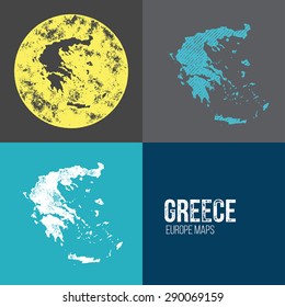 Greece Grunge Retro Map - Three silhouettes Greece maps with different unique letterpress vector textures - Infographic and geography resource