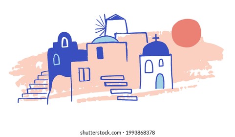 ギリシャ手描きのイラスト。サントリーニの古い町の通り、伝統的で有名な家、青いドームを持つ教会 