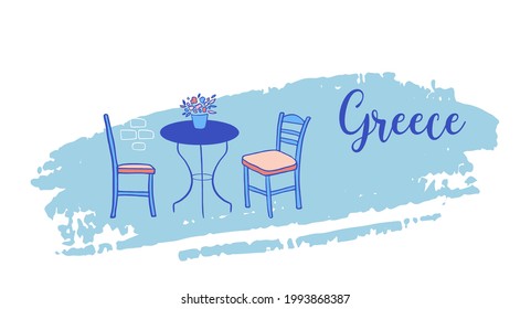 Greece hand drawn illustration. Santorini taverna with small table and chairs