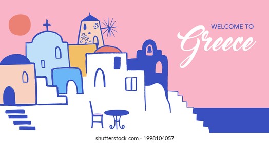 Greece hand drawn illustration. Santorini old town streets, traditional and famous houses and churches with blue domes  svg
