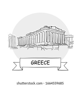 Señal de vectores urbanos dibujados a mano en Grecia. Ilustración de arte en línea negra con cinta de opciones y título.