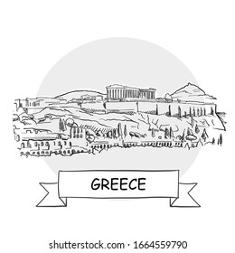 Greece Hand-Drawn Urban Vector Sign. Black Line Art Illustration with Ribbon and Title.