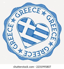 Logo de la bandera del corazón de Grecia. Texto del nombre del país alrededor de la bandera griega en forma de corazón. Ilustración vectorial genial.