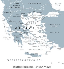 Griechenland, die Hellenische Republik, graue politische Landkarte. Land in Südosteuropa an der Südspitze der Balkanhalbinsel, mit der Hauptstadt Athen. Umgeben von Ägäis, Ionischem Meer und Mittelmeer.