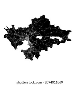  Thessaloniki, Greece, high resolution vector map with city boundaries, and editable paths. The city map was drawn with white areas and lines for main roads, side roads and watercourses.