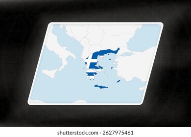 Greece Highlighted in Flag Colors on Geographic Map. Modern Map on a dark abstract backdrop.