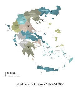 Greece higt detailed map with subdivisions. Administrative map of Greece with districts and cities name, colored by states and administrative districts. Vector illustration.