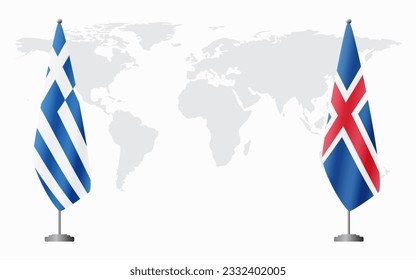 Greece and Iceland flags for official meeting against background of world map.