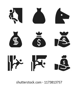 greece icon. 9 greece vector icons set. money bag, trojan and climbing icons for web and design about greece theme