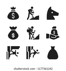 greece icon. 9 greece vector icons set. climbing, money bag and trojan icons for web and design about greece theme