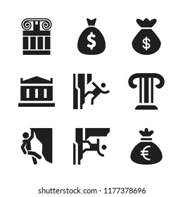 greece icon. 9 greece vector icons set. greek pillar, money bag and climbing icons for web and design about greece theme
