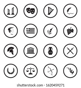 Greece Icons. Black Flat Design In Circle. Vector Illustration.