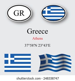 Greece icons set against gray background, abstract vector art illustration, image contains transparency