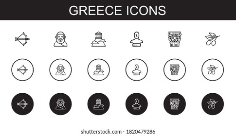 greece icons set. Collection of greece with artemis, plato, olympus, statue, column, olive. Editable and scalable greece icons.