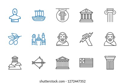 greece icons set. Collection of greece with column, parthenon, artemis, olympus, plato, zeus, aristotle, pierrade, olive, trireme, statue. Editable and scalable greece icons.