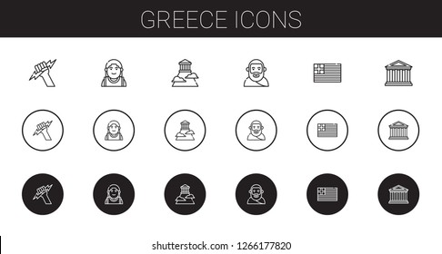 greece icons set. Collection of greece with zeus, alexander the great, olympus, plato, parthenon. Editable and scalable greece icons.