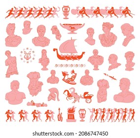 Greece illustration isolated on white background. Set of antique greek statues in hand drawing style.